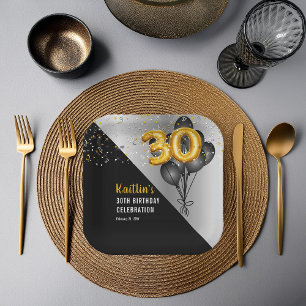 Balloons Elegant Black   Gold 30th Birthday Party  Paper Plate