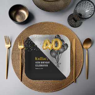 Balloons Elegant Black   Gold 40th Birthday Party  Paper Plate