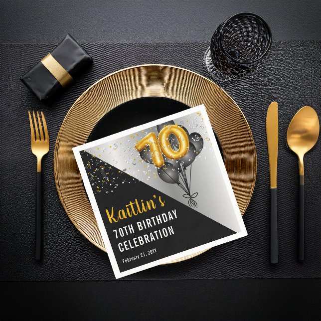 Balloons Elegant Black | Gold 70th Birthday Party  Napkin (Elegant Black Balloons and Gold Tone Balloon Numbers 70th Birthday Party Paper Napkins)