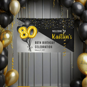 Balloons Elegant Black   Gold 80th Birthday Party  Banner