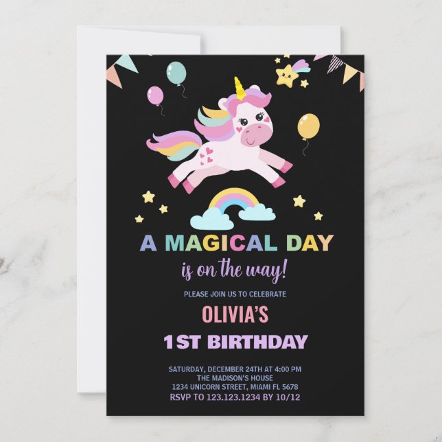 Balloons Flags Unicorns Birthday Invitations (Front)