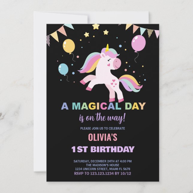 Balloons Flags Unicorns Birthday Invitations (Front)