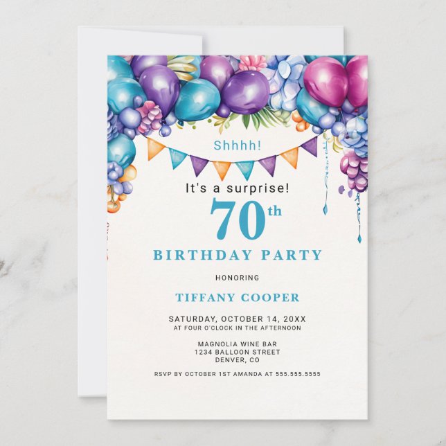 Balloons Florals Surprise 70th Birthday Party Invitation (Front)