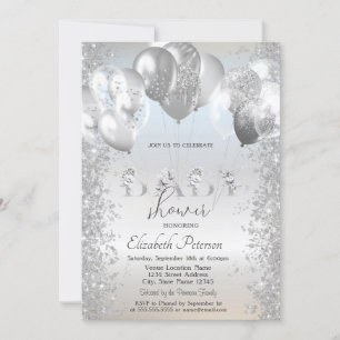  Balloons Glitter Confetti Silver Baby Shower Invitation