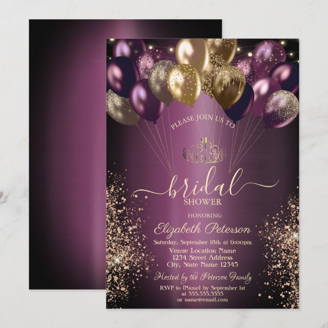Balloons Glitter Dark Purple Bridal Shower Invitation (Front/Back)