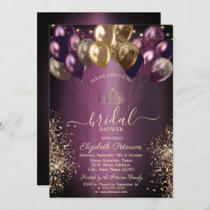 Balloons Glitter Dark Purple Bridal Shower Invitation