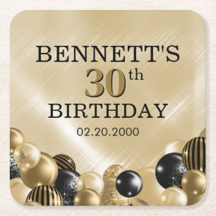 Balloons Gold Birthday Square Paper Coaster