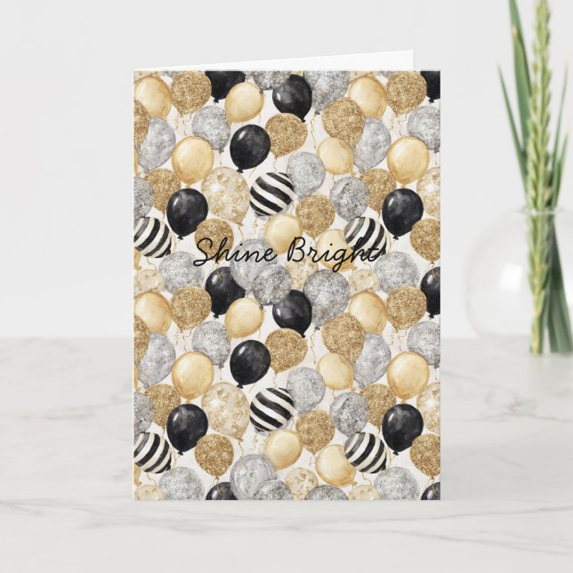 Balloons Gold Grey Stripes Christmas Celebration  Card (Front)