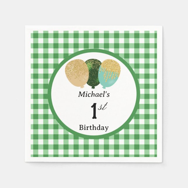 Balloons & Green Gingham 1st Birthday Napkin (Front)