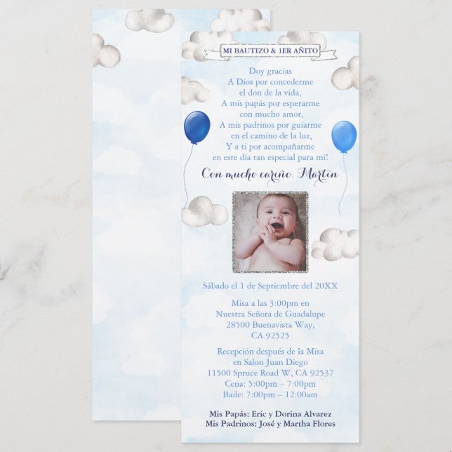 Balloons In Sky Latino Baptism Birthday Bautizo Invitation (Front/Back)