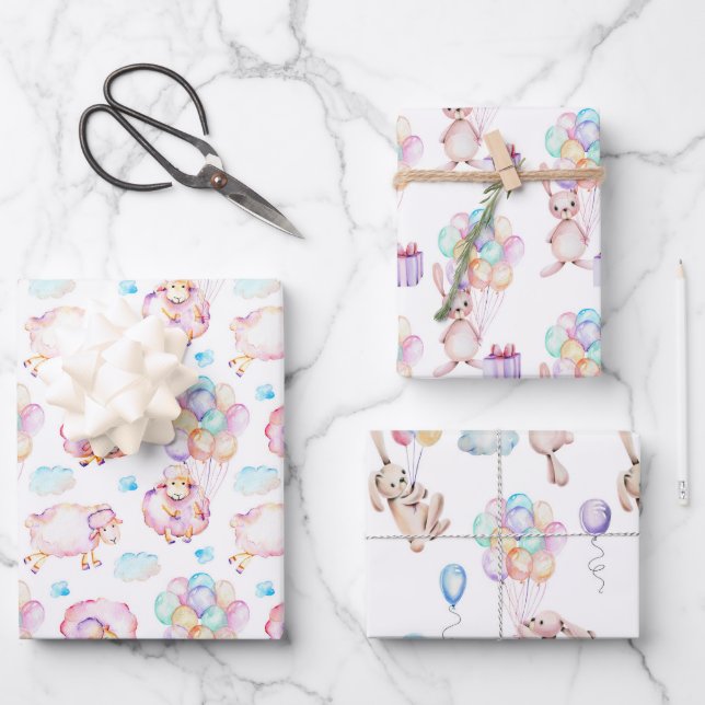 Balloons Lambs and Bunny Rabbits Pastel  Wrapping Paper Sheet (Front)