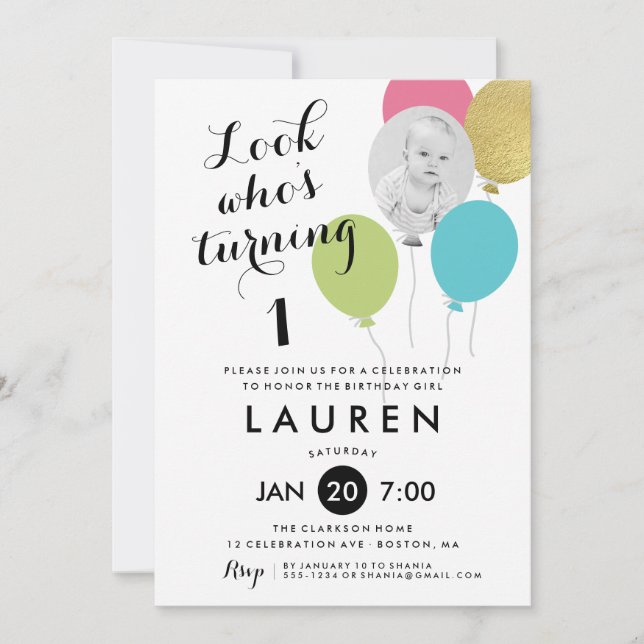 Balloons Look Who's Turning Birthday Party Photo Invitation (Front)