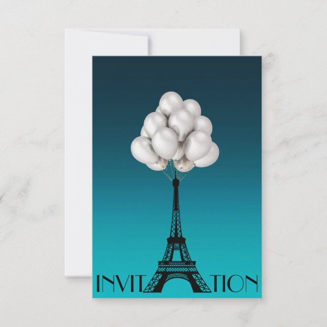 Balloons Paris Eiffel Tower Glam Chic Aquatic Invitation (Front)