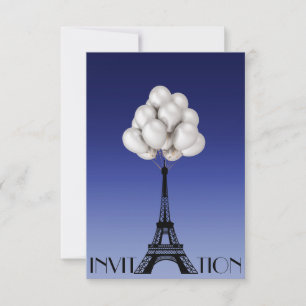 Balloons Paris Eiffel Tower Glam Chic Blue Invitation