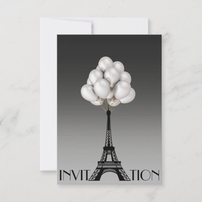 Balloons Paris Eiffel Tower Glam Chic Grey Invitation (Front)