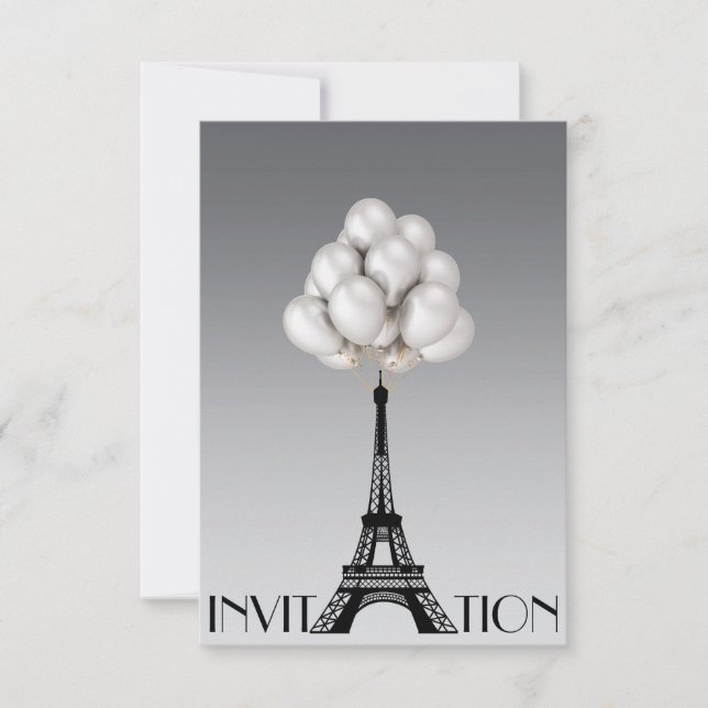 Balloons Paris Eiffel Tower Glam Chic Grey Invitation (Front)