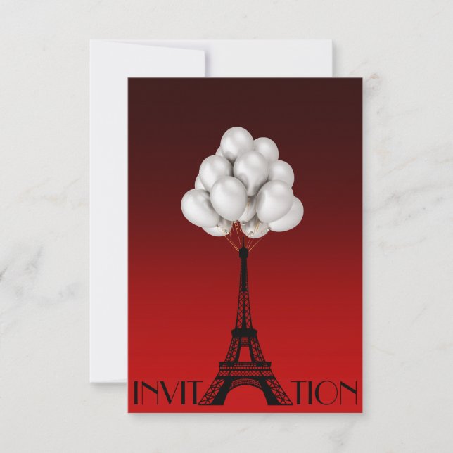 Balloons Paris Eiffel Tower Glam Chic Red Invitation (Front)