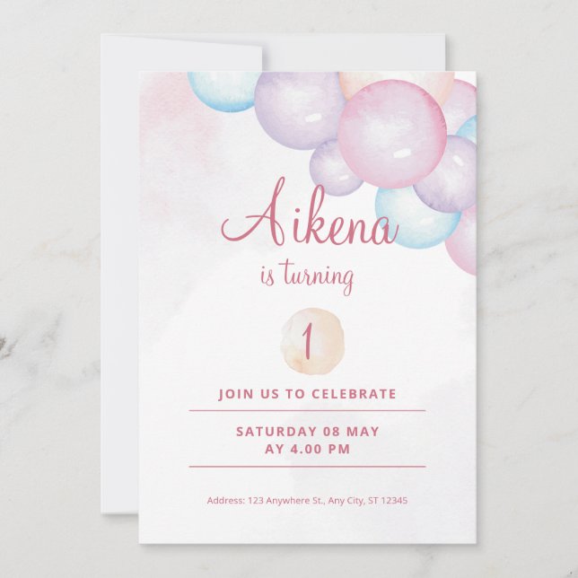 Balloons party 1st birthday invitation (Front)
