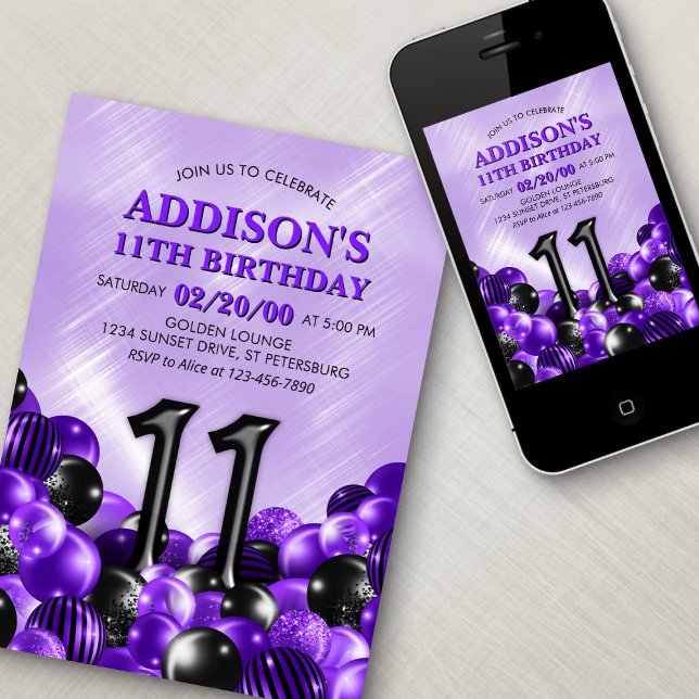 Balloons Purple 11th Birthday Invitation (Creator Uploaded)