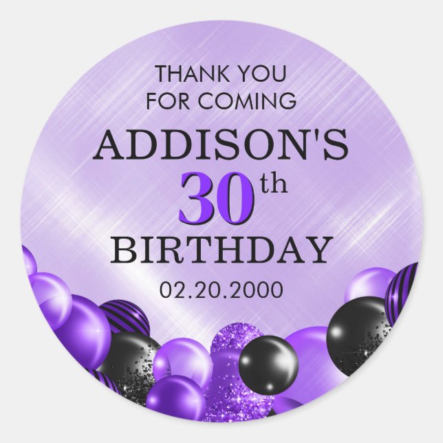 Balloons Purple Birthday Classic Round Sticker (Front)