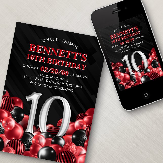 Balloons Red 10th Birthday Invitation (Creator Uploaded)