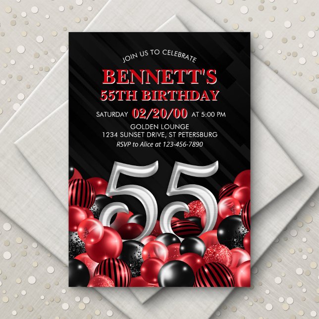 Balloons Red 55th Birthday Invitation (Creator Uploaded)