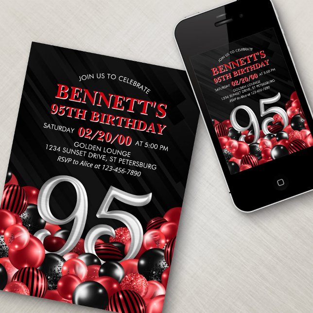 Balloons Red 95th Birthday Invitation (Creator Uploaded)