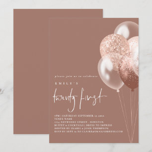 Balloons Script Rose Gold Twenty First Birthday  Invitation
