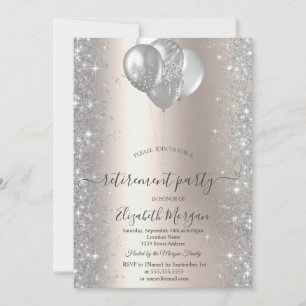 Balloons Silver Sparkle Diamonds Ivory Retirement  Invitation