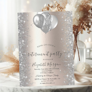 Balloons Silver Sparkle Diamonds Ivory Retirement  Invitation