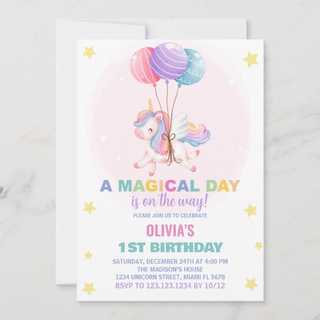 Balloons Unicorn Birthday Invitations (Front)
