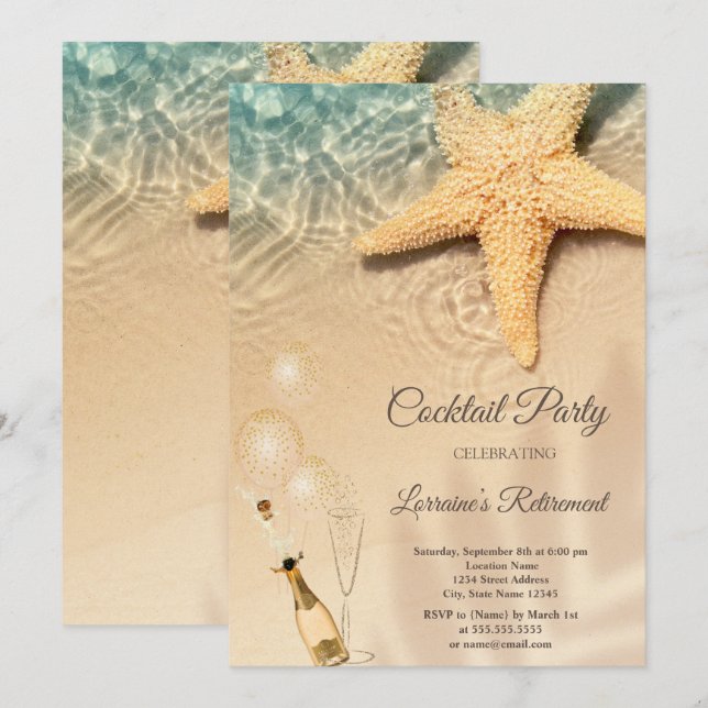 Balloons,Wine Glass Seastar Beach Retirement Invitation (Front/Back)