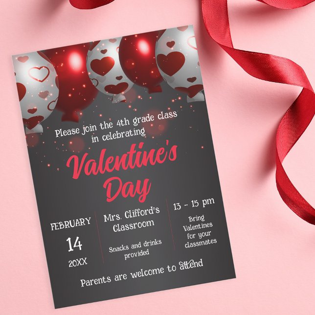 Balloons with Hearts Valentine’s Day School Party Invitation (Creator Uploaded)