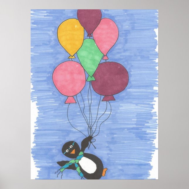 Balloons with Penguin Art Poster Print (Front)