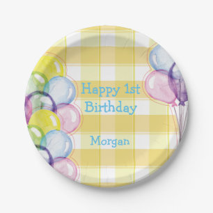Balloons Yellow Check Personalized Birthday Paper Plate