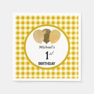 Balloons & Yellow Gingham 1st Birthday Napkin