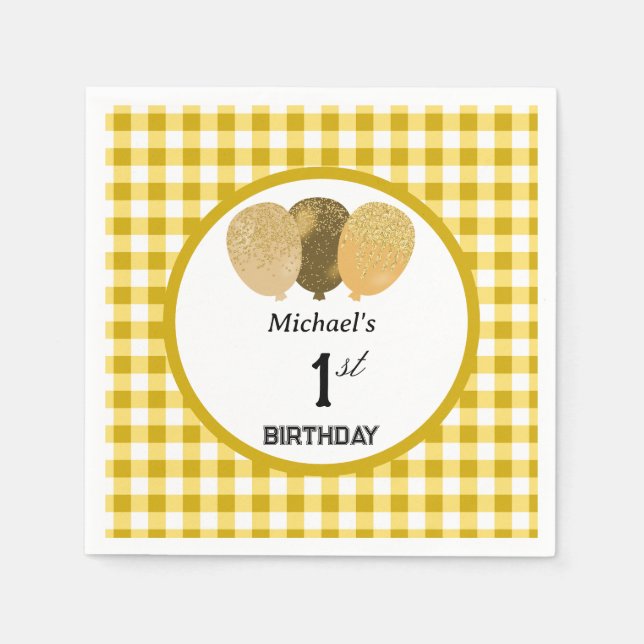 Balloons & Yellow Gingham 1st Birthday Napkin (Front)