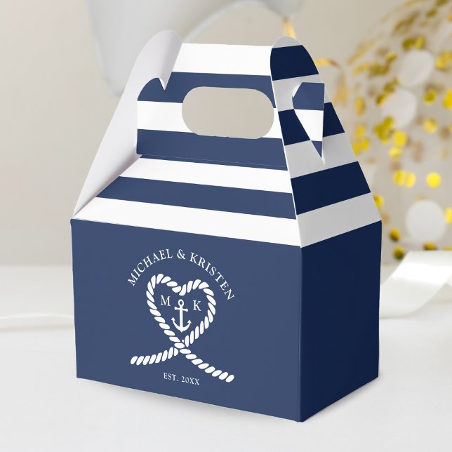 Ballotins Ancre de coeur bleu marine Mariage rayé (Nautical Blue and White Rope Heart Anchor Striped Monogram Wedding Favor Box)