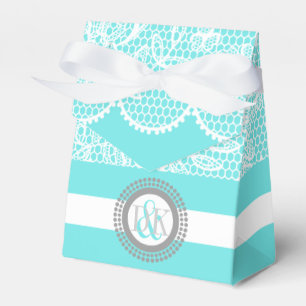 Ballotins Aqua bleu, blanc dentelle motif initiales mariage
