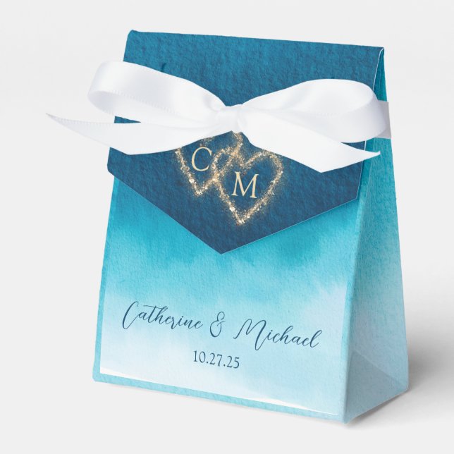 Ballotins Aquarelle Bleu Océan Vagues Avec Mariage Monogramm (Verso)