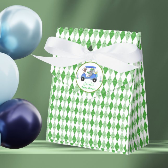 Ballotins Baby Boy Elephant & Monkey Golf Baby shower Retour (This unique golf design has the Elephant and Monkey golf cart with the diamond green pattern.)