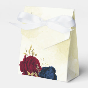 Ballotins bleu marine et rouge fleurs verdure mariage