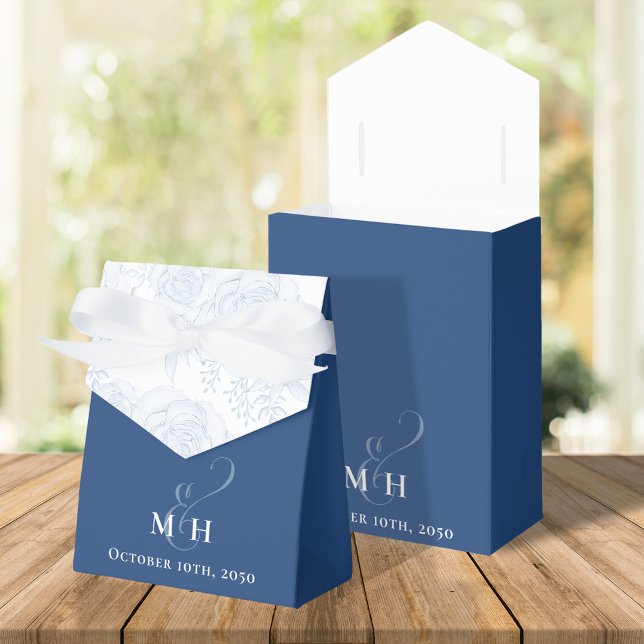 Ballotins Blue Floral Élégant mariage personnalisé (Elegant wedding favor box with ribbon and calligraphy script monogram ampersand. )