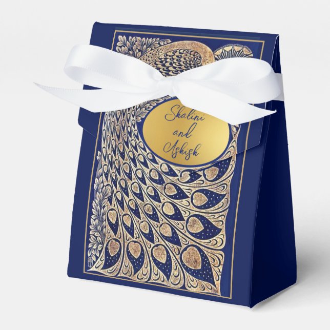 Ballotins Blue Gold Peacock Art Nouveau Mariage Favor Box (Verso)