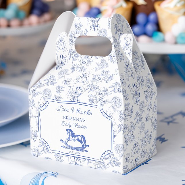 Ballotins Blue toile rocking horse baby shower favoritisme s (Blue toile vintage rocking horse baby shower favors personalized favor boxes)