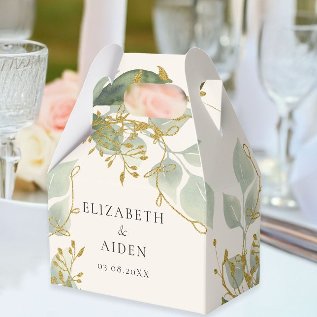 Ballotins Boîte cadeau d'Eucalyptus Wedding (Personalized Beige Greenery Gold Eucalyptus Wedding Box with your names and date.)