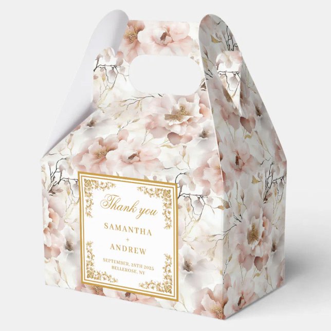 Ballotins Boîte classique de mariage florale en ivoire d'or (Classic blush ivory gold floral wedding favor box)