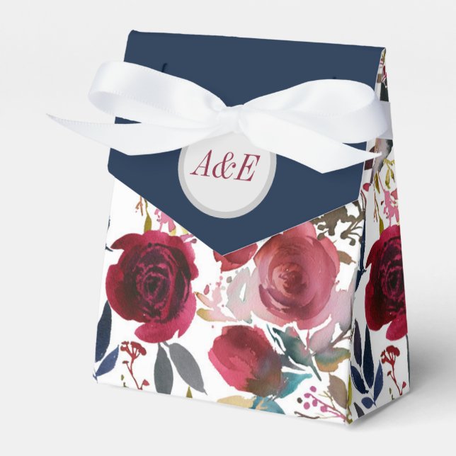Ballotins Boîte de faveur de mariage floral Bourgogne & Navy (Verso)