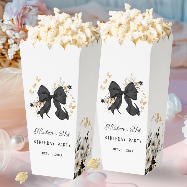Ballotins Boîte de pop-corn de faveur de fleurs sauvages de  (Elegant Black Bow Coquette and Floral Popcorn Favor Box)
