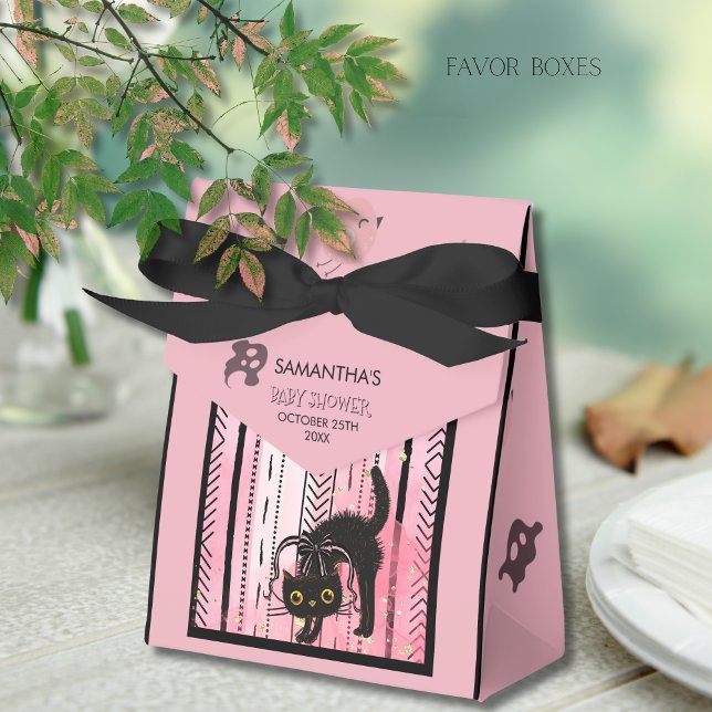 Ballotins Boîte de traitement Citrouille rose et chat noir H (Pink Pumpkin & Black Cat Halloween Treat Box)